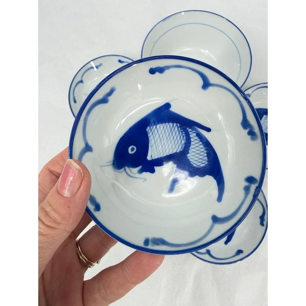 Chinese Koi Fish Carp Ceramic Rice Dipping Bowl SET of 5 Piece Asian Serverware